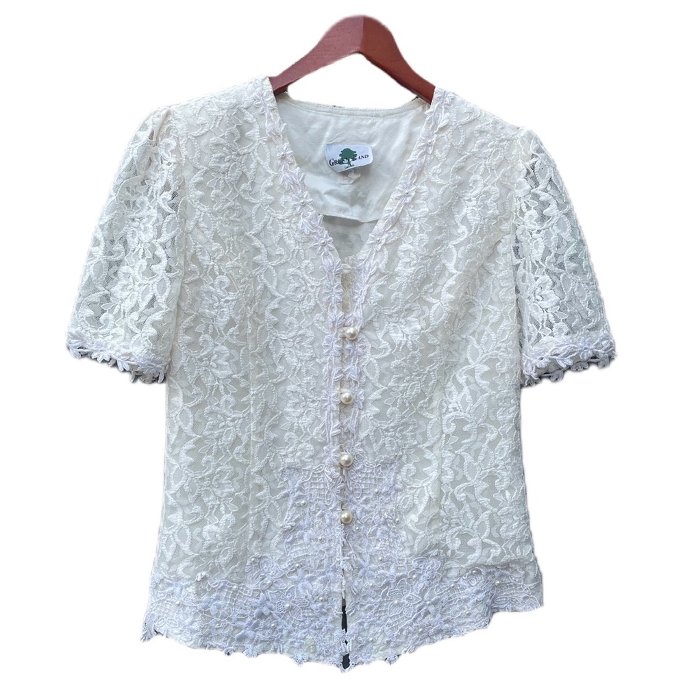 Vintage 90s White Floral Lace Beaded Button Up Green Land Blouse